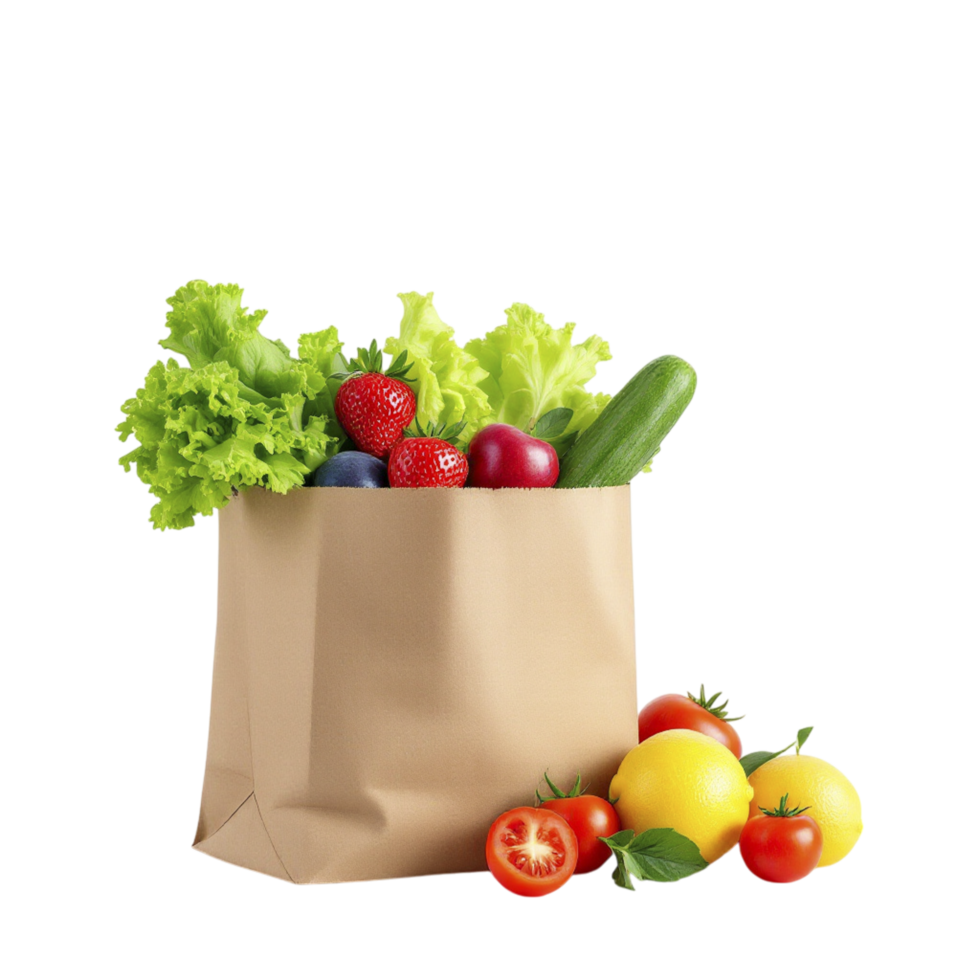 Illustrated grocery bag filled with fresh vegetables and whole foods