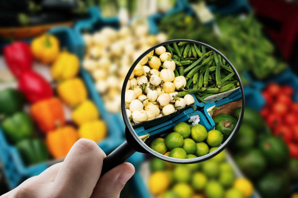 Magnifying glass examining food items to reveal nutrition facts